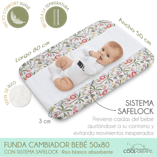 Capa para trocador de bebê 50x80 em turco branco absorvente com Safelock (Safari Jungle)