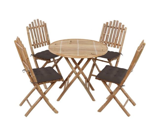 Juego de comedor de jardín plegable con cojines 5 piezas bambú