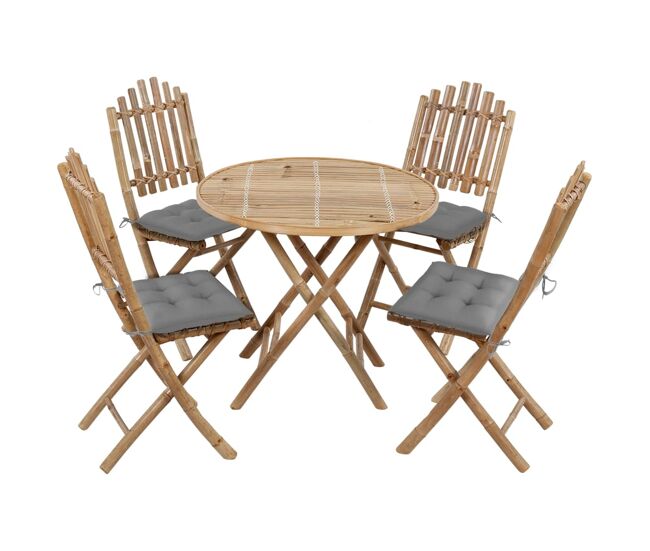 Juego de comedor de jardín plegable con cojines 5 piezas bambú