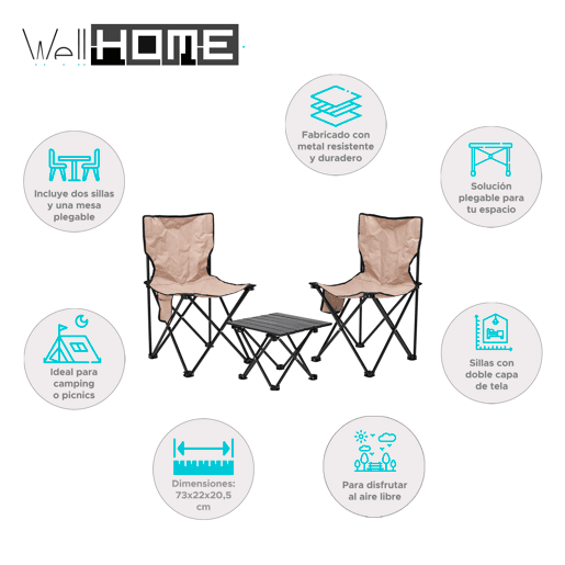 Conjunto de Campismo Well Home com 2 Cadeiras e 1 Mesa Dobrável