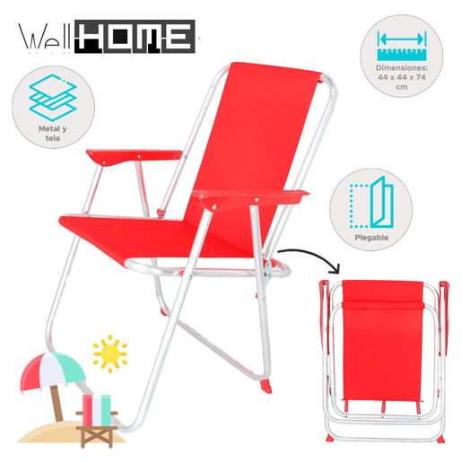 Well Home - Conjunto de 4 Cadeiras de Praia Dobráveis u200Bu200Bem Metal Vermelho 44x44x74cm