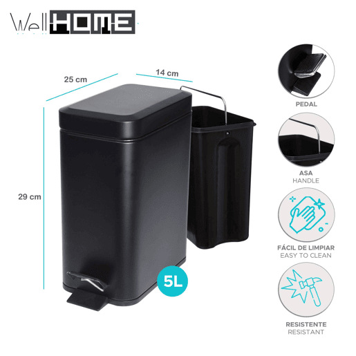 Lixeira com pedal Well Home 5L em metal preto