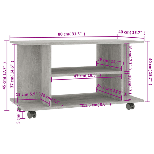 Móvel de TV - Modulo de TV - Armário de TV com rodas 80x40x45cm deriv.madeira cinzento cimento