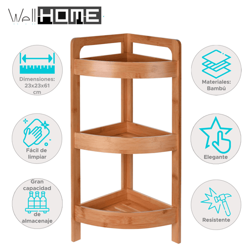 Prateleira de banheiro Well Home com 3 prateleiras em bambu Alt.61cm