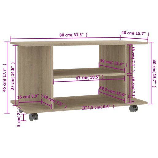 Móvel de TV - Modulo de TV - Armário de TV com rodas 80x40x45 cm deriv.madeira carvalho sonoma