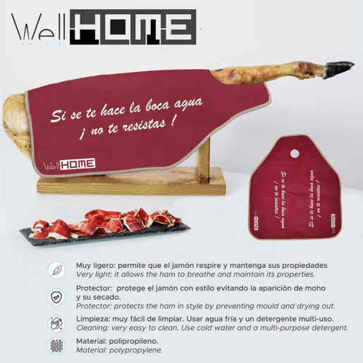 Well Home Porta Presunto IBERIA Luxe cabeça rotativa, em madeira e aço inoxidável + Tampa para Presunto 'Tiberic' Bordeaux