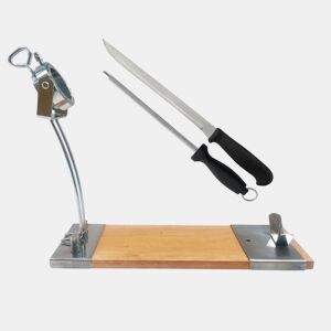 Porta Presunto Well Home IBERIA Luxe cabeça rotativa, em madeira e aço inox + Conjunto Faca para Presunto (25cm) e Chaira (21cm)
