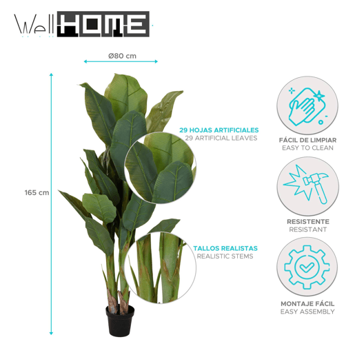 Well Home Planta Artificial com 29 Folhas e 3 Ramos -Ø80 x 165cm