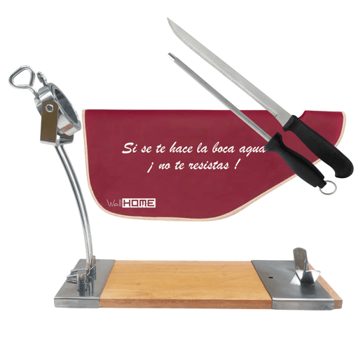 Porta Presunto Well Home IBERIA Luxe em madeira e aço inox + Conjunto de Facas para Presunto (25cm) e Chaira (21cm) + Estojo para Presunto Bordeaux 'Tiberic'