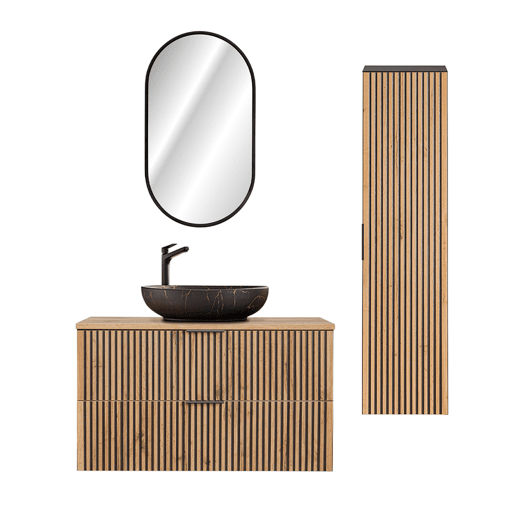 Lavatório individual 100 cm com espelho LED e coluna Gaia Madeira e Preto Lavatório Preto