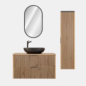 Lavatório individual 100 cm com espelho LED e coluna Gaia Madeira e Preto Lavatório Preto