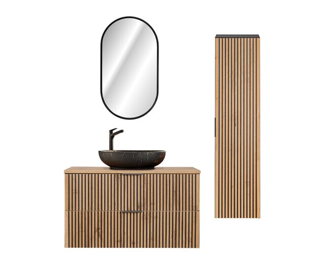 Conjunto mueble lavabo individual 100cm espejo led y columna gaia madera y negro - lavabo negro