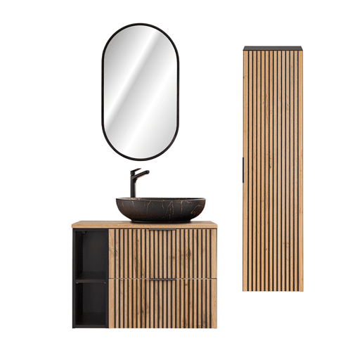 Móvel lavatório simples 80 cm 2 nichos espelho LED e coluna Gaia madeira e preto Lavatório preto