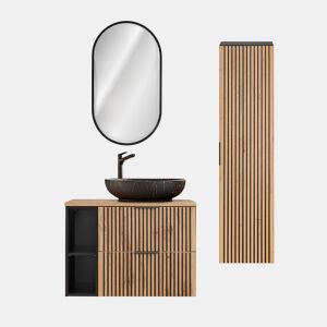 Móvel lavatório simples 80 cm 2 nichos espelho LED e coluna Gaia madeira e preto Lavatório preto