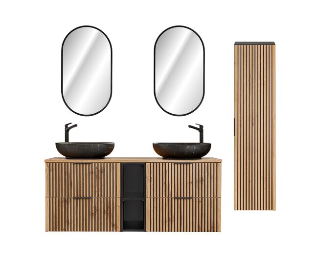 Conjunto mueble lavabo doble 140cm 2 compartimientos espejos led y columna gaia madera y negro - lavabo negro
