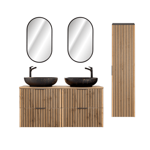 Conjunto lavatório duplo 120 cm com espelhos LED e coluna Gaia Madeira e Preto Lavatório Preto