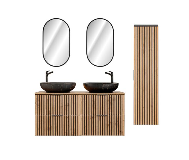 Conjunto mueble lavabo doble 120cm espejos led y columna gaia madera y negro - lavabo negro