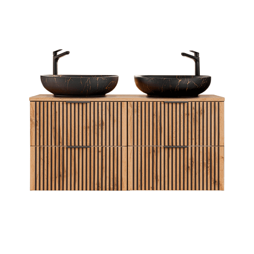 Conjunto lavatório duplo 120 cm com espelhos LED e coluna Gaia Madeira e Preto Lavatório Preto