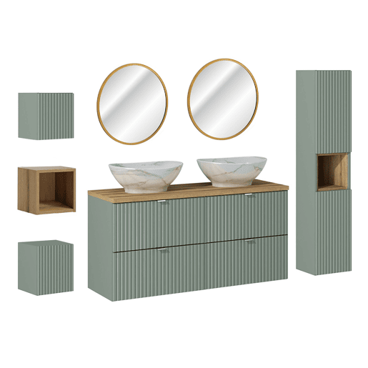 Conjunto lavatório duplo 120 cm 4 gavetas espelhos LED e 3 armários parede Verde Jade e Madeira