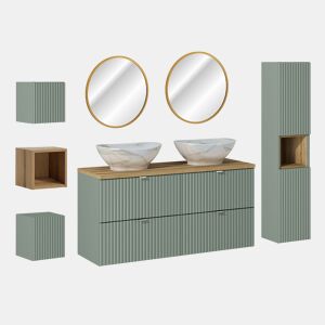 Conjunto lavatório duplo 120 cm 4 gavetas espelhos LED e 3 armários parede Verde Jade e Madeira