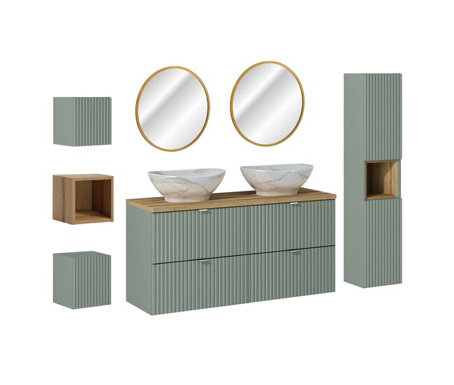 Conjunto mueble lavabo doble 120cm 4 cajones espejos led y 3 armarios de pared jade verde y madera