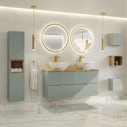 Conjunto lavatório duplo 120 cm 4 gavetas espelhos LED e 3 armários parede Verde Jade e Madeira