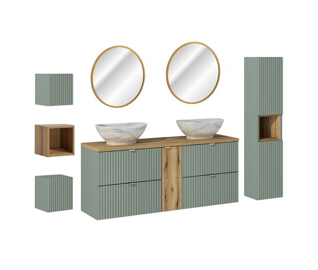 Conjunto mueble lavabo doble 140cm 4 cajones espejos led columna y 3 armarios de pared jade verde y madera