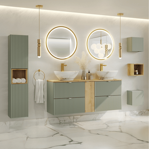 Móvel casa de banho duplo 140 cm 4 gavetas espelhos LED coluna e 3 armários parede Verde Jade e Madeira