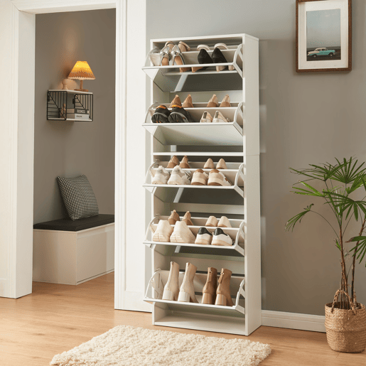 Sapateira espelhada Lund com 5 portas com dobradiças - Branco en.casa