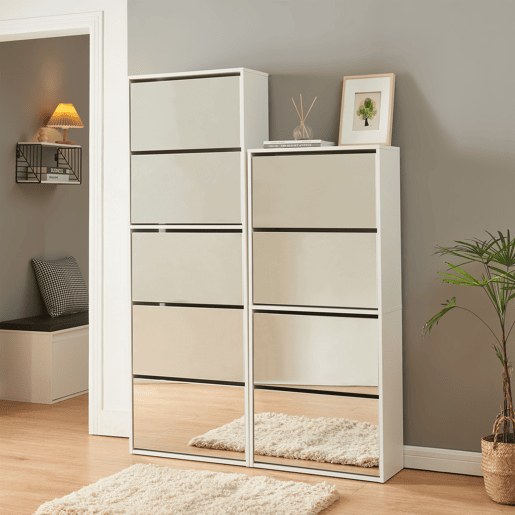 Sapateira espelhada Lund com 5 portas com dobradiças - Branco en.casa