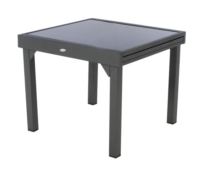 Mesa exterior extensible piazza, jardín terraza, aluminio y cristal templado 90-180x90x76 cm