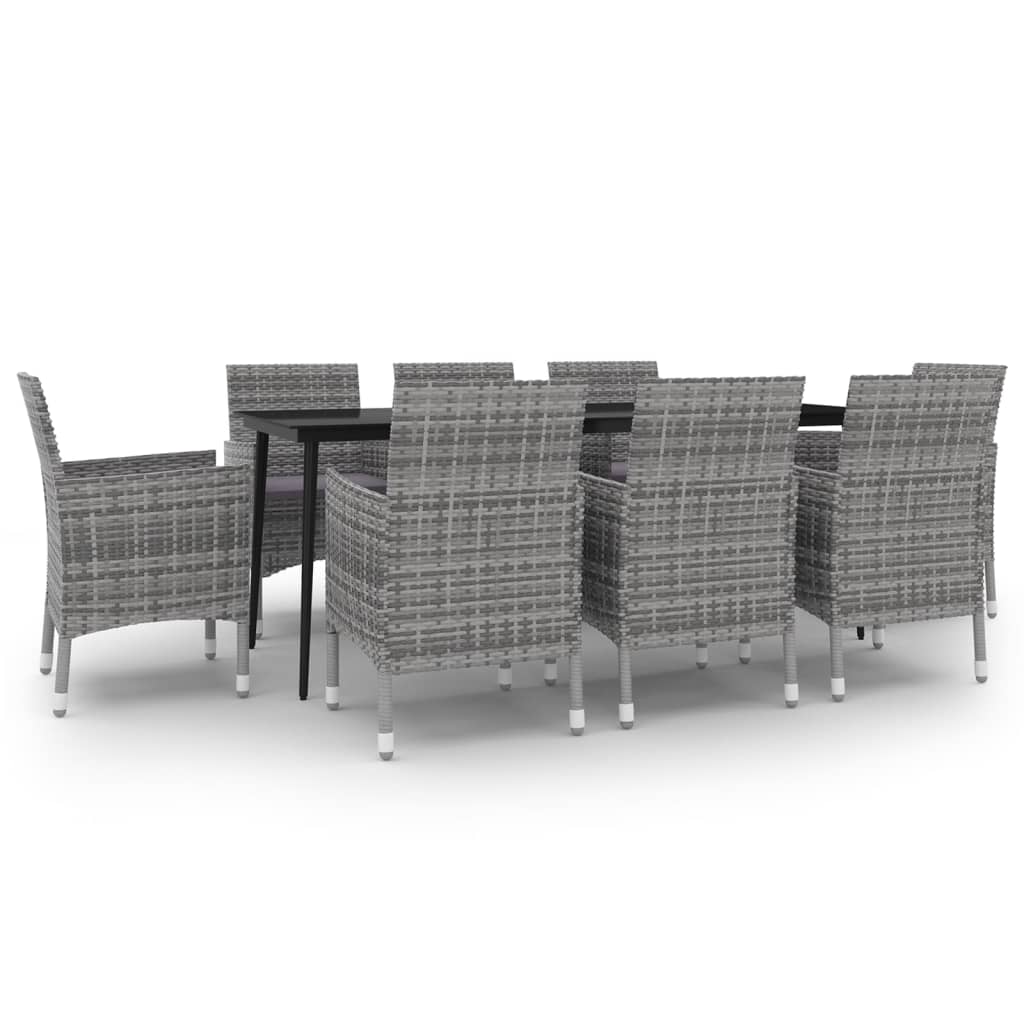 Set comedor de jardín 9 pzas y cojines ratán sintético y vidrio