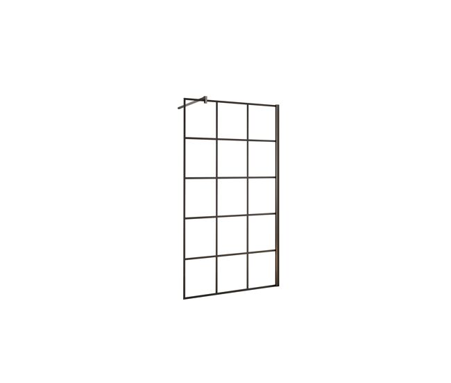 Mampara de ducha fija serigrafiada de celosía cuadrada vidrio antical 8mm con barra 140cm perfil negro mate (98-100)x200cm