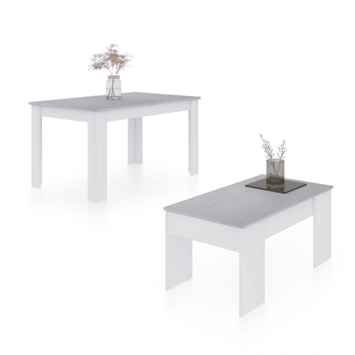Pack mesa de jantar 140 e mesa de centro Vita Branco Artik (Branco mate) - Cinzento Cimento 140 x 78 x 90 cm