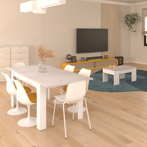 Pack mesa de jantar 140 e mesa de centro Vita Branco Artik (Branco mate) - Cinzento Cimento 140 x 78 x 90 cm