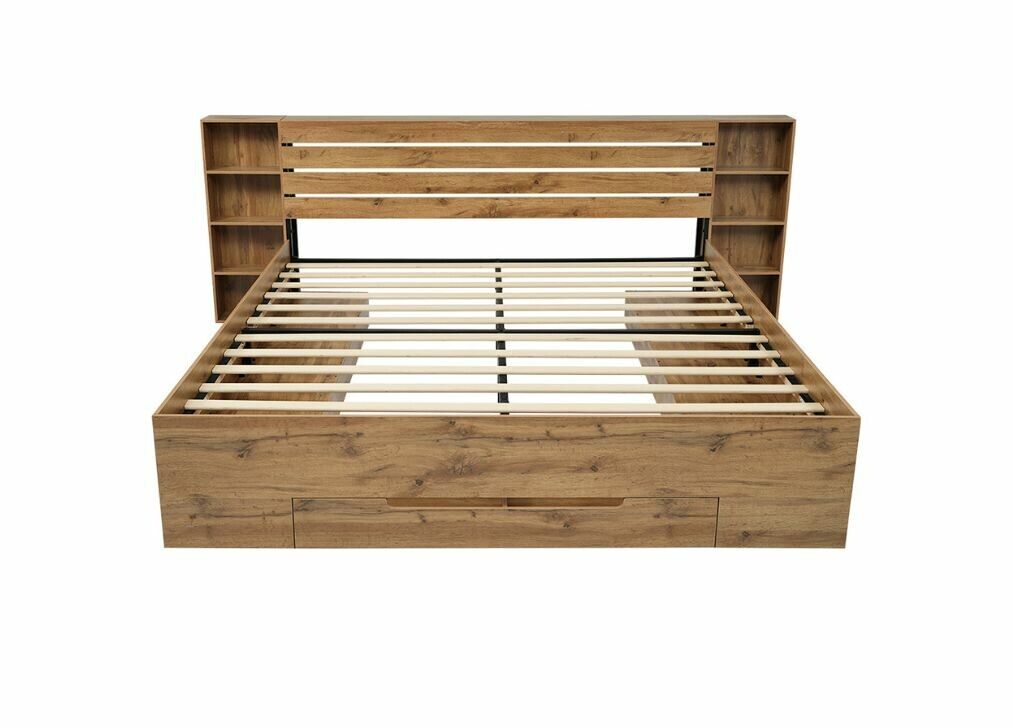 Cama doble con almacenaje en madera maciza de roble con iluminación LED