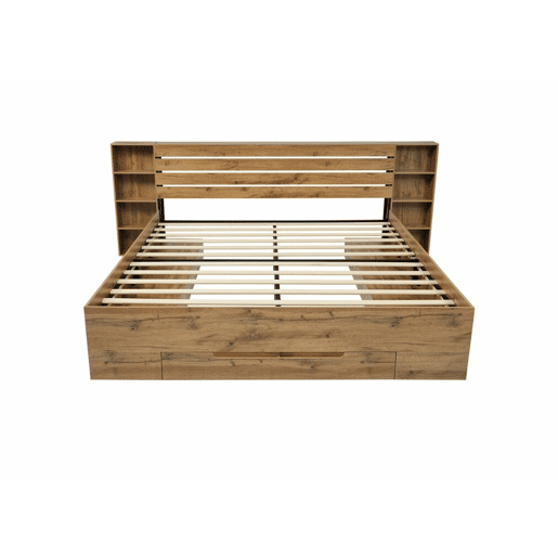 Cama de casal com arrumação em madeira maciça de carvalho com iluminação LED, prateleiras e gavetas, tomada USB C, 180 x 200 cm (sem colchão) IESSAES KING