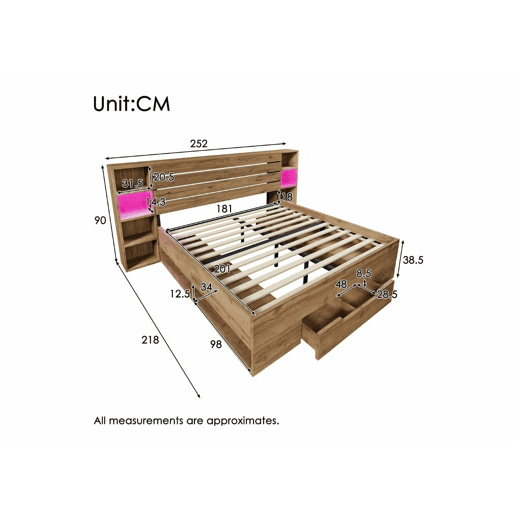 Cama de casal com arrumação em madeira maciça de carvalho com iluminação LED, prateleiras e gavetas, tomada USB C, 180 x 200 cm (sem colchão) IESSAES KING