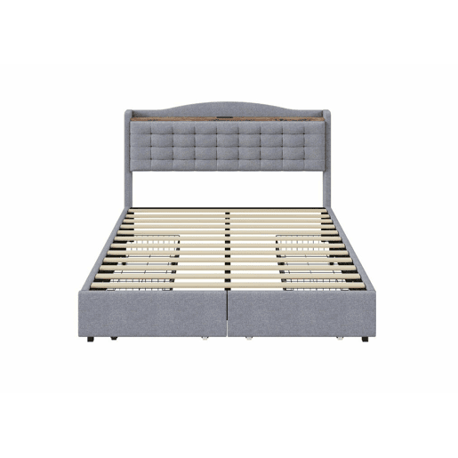Cama king size estofada em linho cinza claro com 4 gavetas e 2 entradas USB (160*200 cm) EMPHUT LIGHT GREY KING