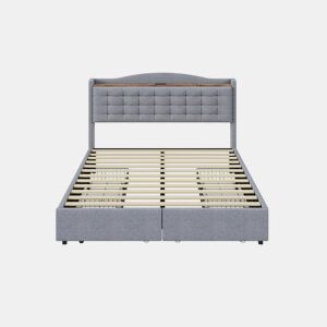 Cama king size estofada em linho cinza claro com 4 gavetas e 2 entradas USB (160*200 cm) EMPHUT LIGHT GREY KING