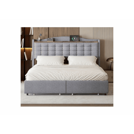 Cama king size estofada em linho cinza claro com 4 gavetas e 2 entradas USB (160*200 cm) EMPHUT LIGHT GREY KING