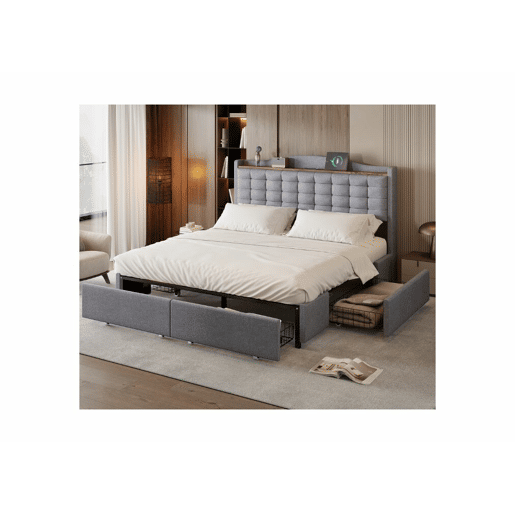 Cama king size estofada em linho cinza claro com 4 gavetas e 2 entradas USB (160*200 cm) EMPHUT LIGHT GREY KING