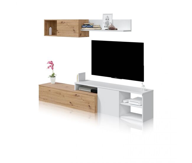 Salón con mueble de tv y módulo superior en blanco artik y roble nodi 221 cm kate blanco artik (blanco mate) - roble nodi 221 x 44 x 40 cm