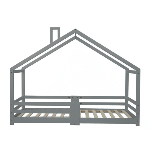 Cama infantil tipo cabana com lareira, cama tipo cabana com estrado de ripas resistente em madeira de pinho cinzento, 90 x 200 cm sem colchão STRONS