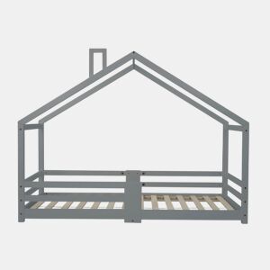 Cama infantil tipo cabana com lareira, cama tipo cabana com estrado de ripas resistente em madeira de pinho cinzento, 90 x 200 cm sem colchão STRONS