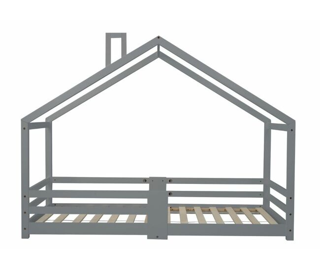 Cama infantil con chimenea, somier de láminas resistente, cama de madera de pino gris, 90 x 200 cm, sin colchón strons