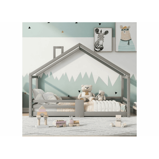 Cama infantil tipo cabana com lareira, cama tipo cabana com estrado de ripas resistente em madeira de pinho cinzento, 90 x 200 cm sem colchão STRONS