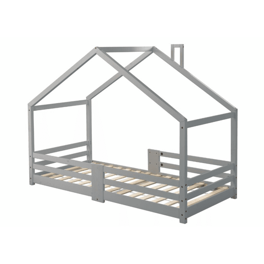 Cama infantil tipo cabana com lareira, cama tipo cabana com estrado de ripas resistente em madeira de pinho cinzento, 90 x 200 cm sem colchão STRONS