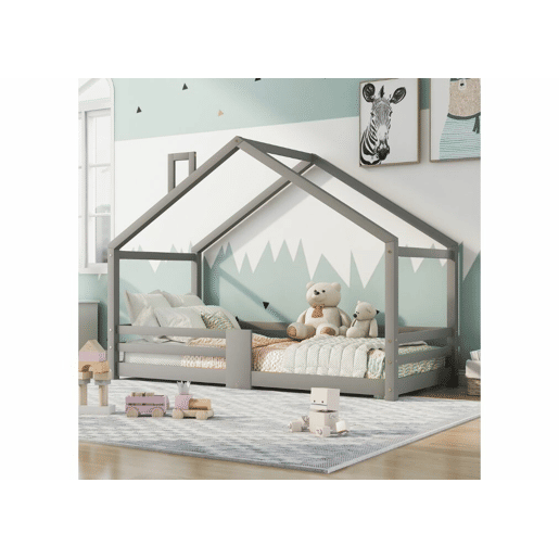 Cama infantil tipo cabana com lareira, cama tipo cabana com estrado de ripas resistente em madeira de pinho cinzento, 90 x 200 cm sem colchão STRONS