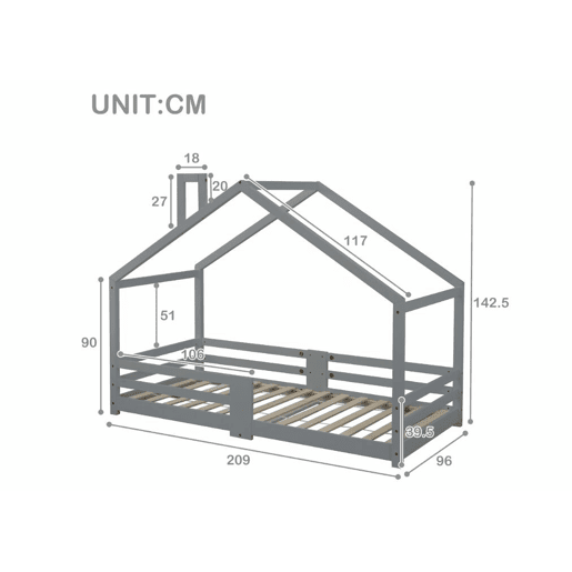 Cama infantil tipo cabana com lareira, cama tipo cabana com estrado de ripas resistente em madeira de pinho cinzento, 90 x 200 cm sem colchão STRONS